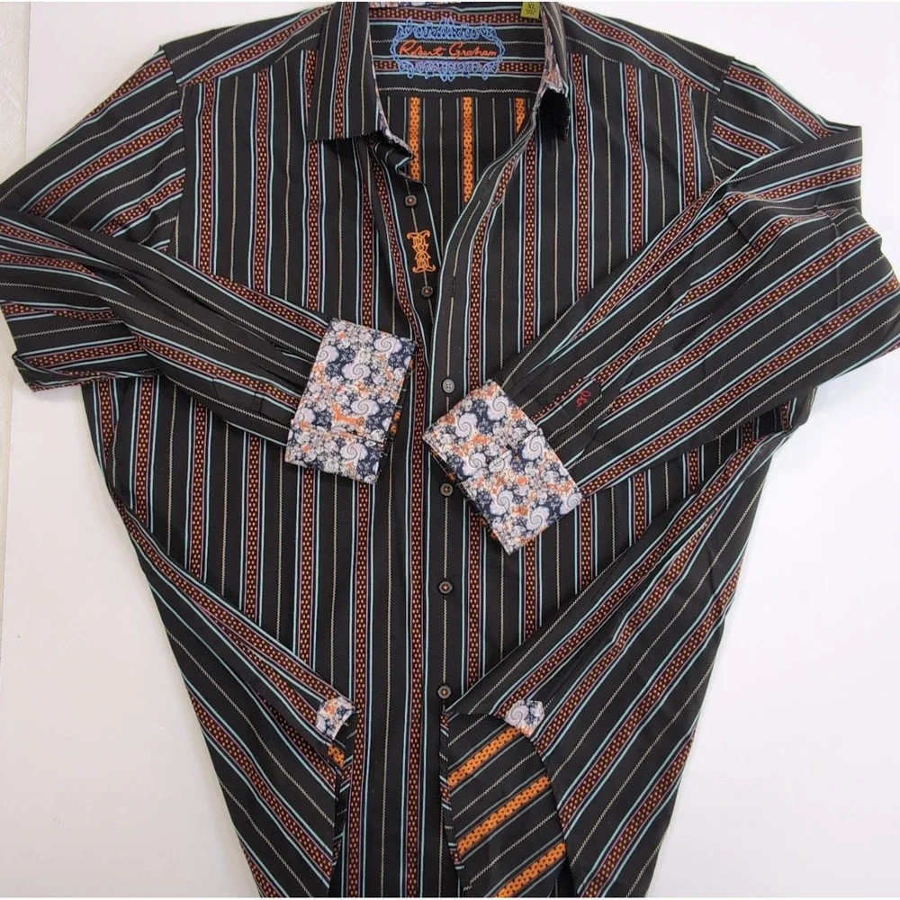 Robert Graham Flip Cuff Shirt Mens XL Classic Fit Black Orange Teal Paisley